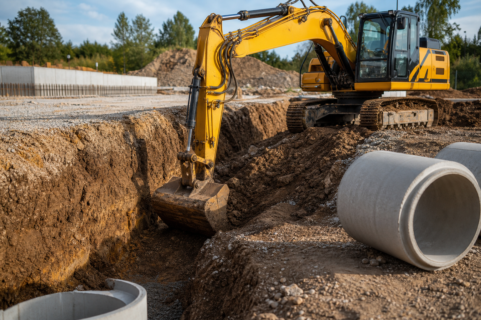 Bagger beim Ausheben einer Baugrube im Tiefbau